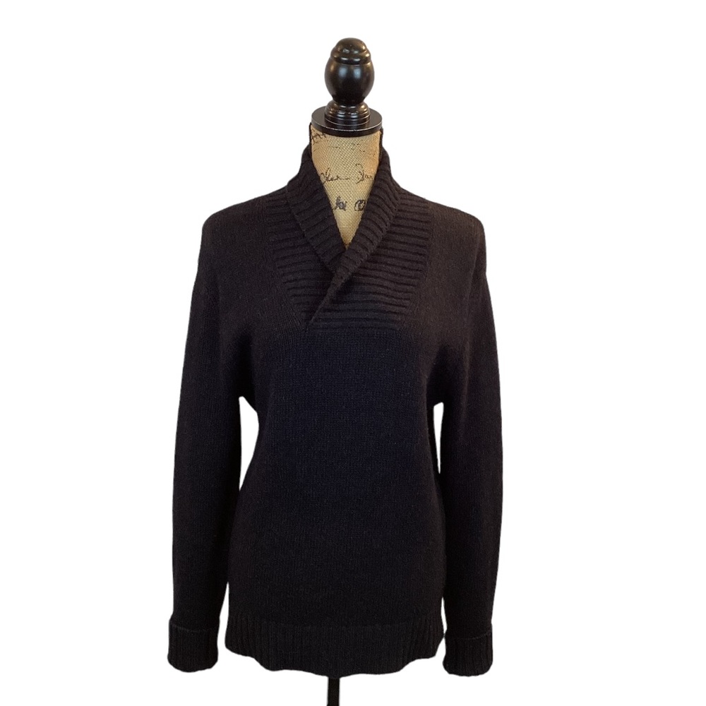 Vince Cashmere Wool Alpaca Blend Shawl Ribbed Collar Sweater Black